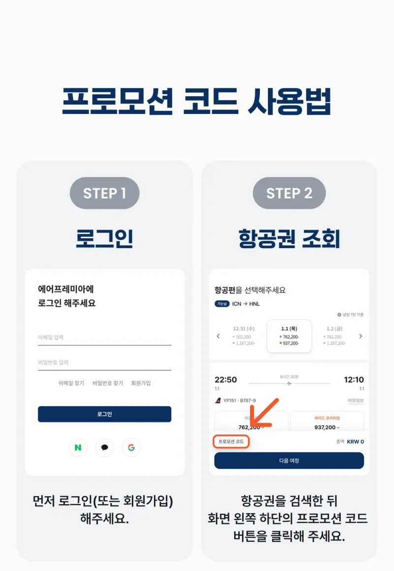 에어프레미아 프로모션 코드 입력 순서 안내(지난 행사 화면, 2025년 11월) 에어프레미아 프로모션 코드 입력 순서 안내(지난 행사 화면, 2025년 11월)