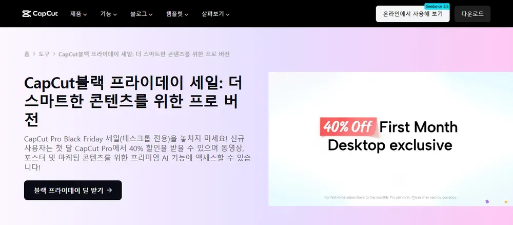 캡컷 공식 블랙프라이데이 세일 페이지 화면 캡컷 공식 블랙프라이데이 세일 페이지 화면