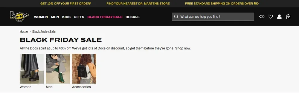 닥터마틴 미국 공식몰 Black Friday Sale 화면 (지난 행사 화면, 2024년 11월) 닥터마틴 미국 공식몰 Black Friday Sale 화면 (지난 행사 화면, 2024년 11월)