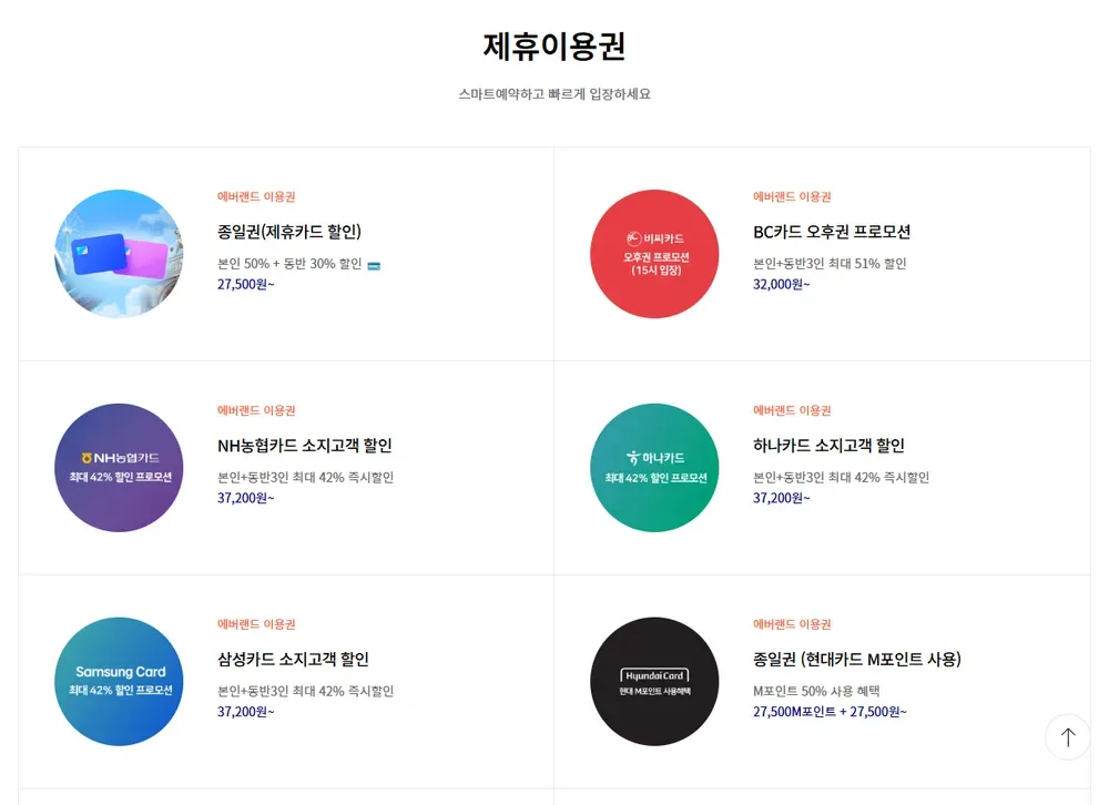 에버랜드 스마트예약 제휴이용권 목록
