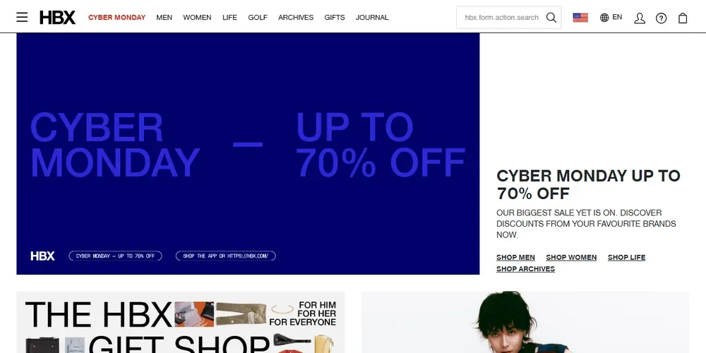 HBX 2023년 사이버 먼데이 최대 70% 배너 (지난 행사 화면, 2023년 11월) HBX 2023년 사이버 먼데이 최대 70% 배너 (지난 행사 화면, 2023년 11월)