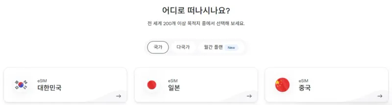 Holafly 홈의 목적지 선택 화면 Holafly 홈의 목적지 선택 화면