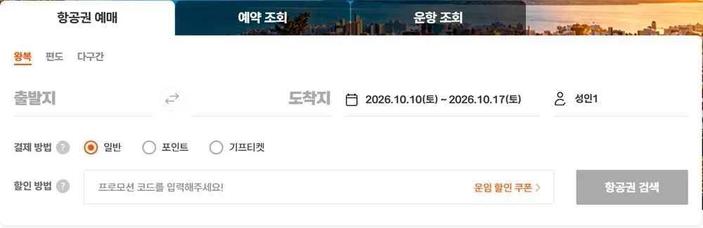제주항공 항공권 예매 화면 할인 방법 프로모션 코드 입력란