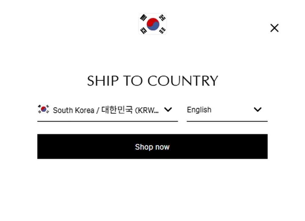 오스카 드 라 렌타 공식몰 배송 국가 대한민국 선택 화면 오스카 드 라 렌타 공식몰 배송 국가 대한민국 선택 화면