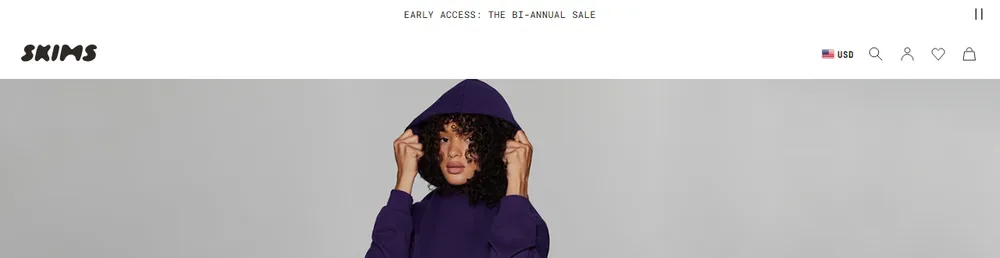 스킴스 공식몰 2024년 Bi-Annual Sale 얼리 액세스 배너 (지난 행사 화면, 2024년 11월)