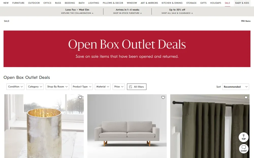웨스트엘름 Open Box Outlet Deals 페이지 웨스트엘름 Open Box Outlet Deals 페이지